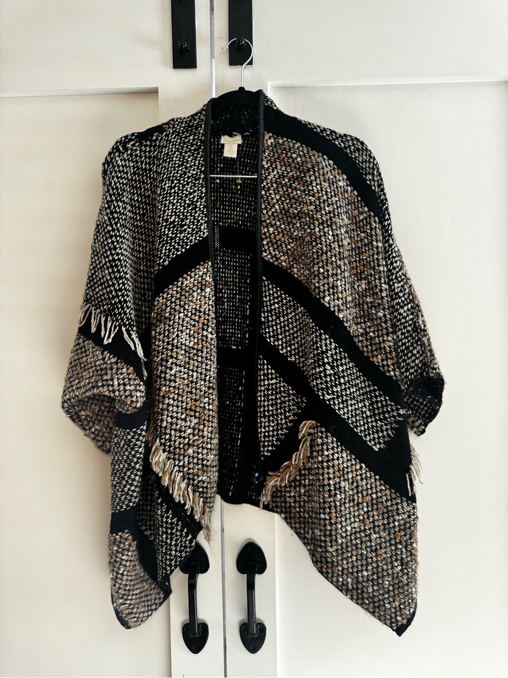 Chico's Black & Cream Textured Fringe Poncho